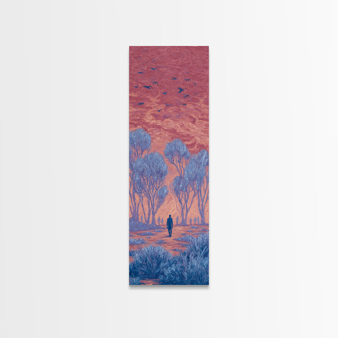 Pink Sunset Landscape Canvas Print, African Landscape, Dreamy Wall Art, Nature Scene Art, Blue Trees, Birds, Large Decor Art