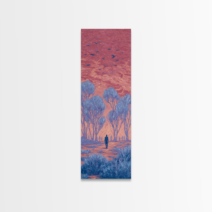 Pink Sunset Landscape Canvas Print, African Landscape, Dreamy Wall Art, Nature Scene Art, Blue Trees, Birds, Large Decor Art