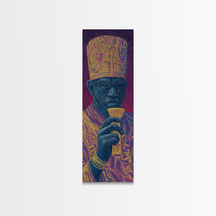 Ornate Blue Elder Drinking Tea Wall Art, African Portrait, Contemporary Canvas, Pointillist Black Art, Bold Home Decor Gift