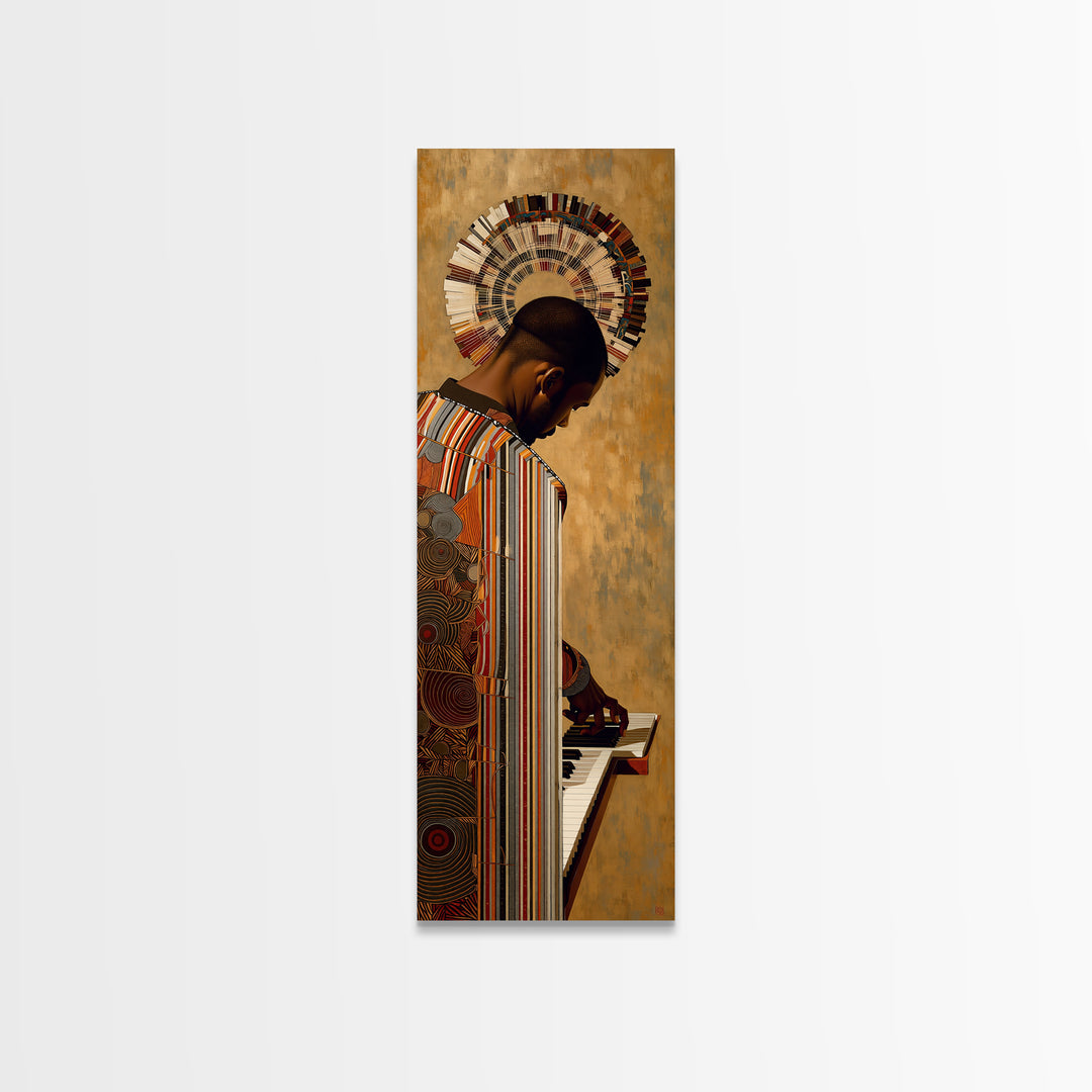 African Pianist With Halo Headdress Wall Art, Afrocentric Portrait, Black Culture Decor, Modern African Art, Music Room Canvas