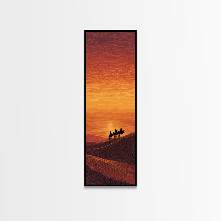 Sunset Camel Caravan Over Desert Dunes Canvas Print, African Landscape, Sahara Travel Wall Decor, Warm Orange Safari Art