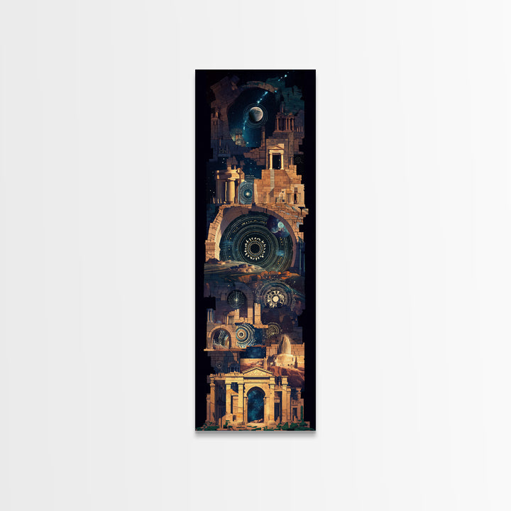 Ancient Temple Night Wall Art, Mystical Ruins Under Moon, African Inspired Architecture, Spiritual Blue Gold Home Decor Gift