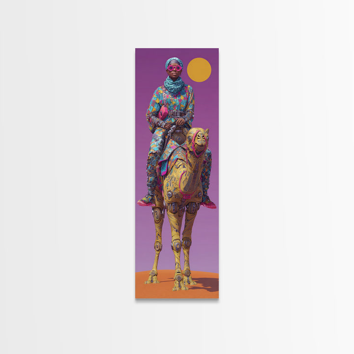 Afrofuturist Woman On Robotic Camel Wall Art, African Queen Portrait, Modern African Art, Purple Orange Desert Decor Print