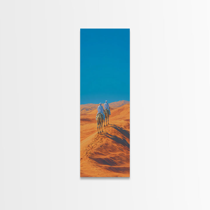 Blue Nomad Riders Crossing Orange Desert Dunes Wall Art, African Safari Decor, Modern Canvas, Boho Living Room Artwork Prints
