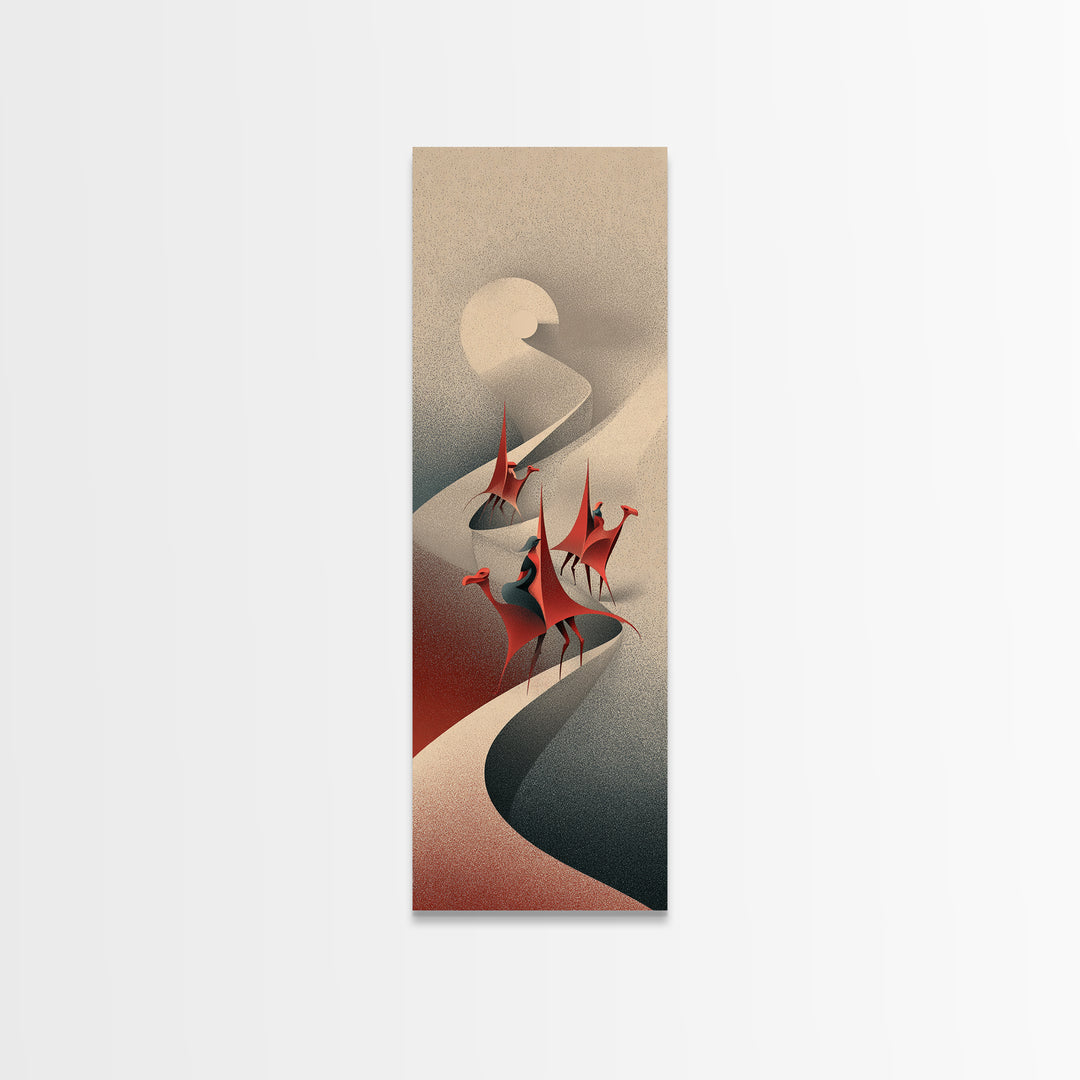 Red Crowned Birds On Winding Moonlit River Canvas Print, Abstract African Art, Elegant Boho Wall Decor, Modern Home Gift