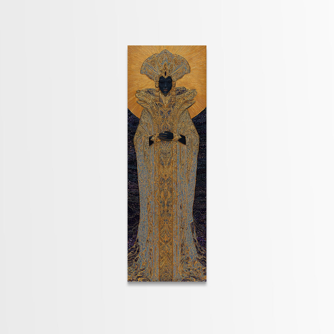 Regal Black Queen In Ornate Gold Robe Framed Canvas Print, African Woman Art, Afrocentric Decor, Luxury Portrait Wall Art