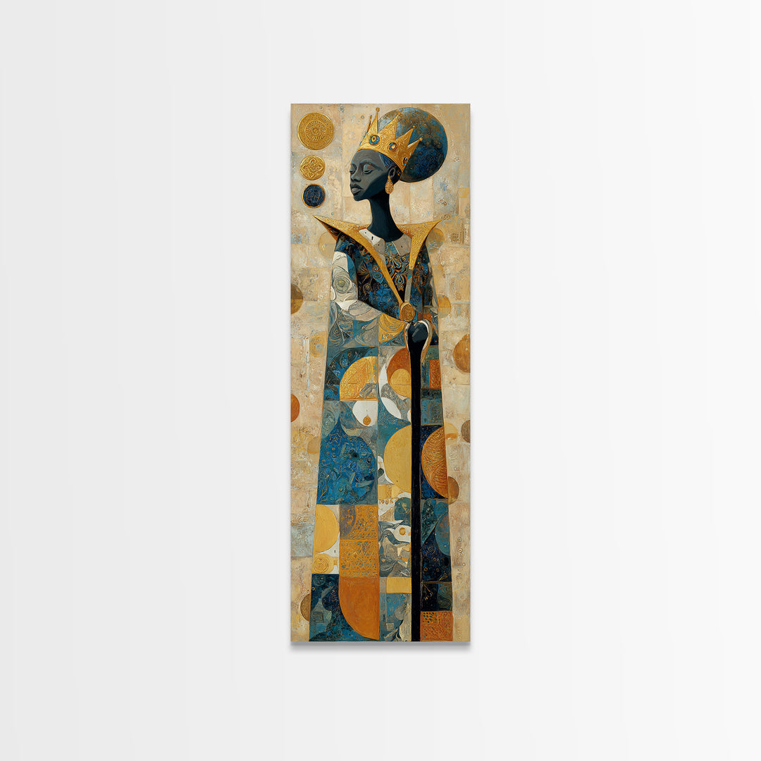 Crowned African Queen With Gold And Teal Geometry Canvas Print, Black Woman Art, Afrocentric Wall Decor, Elegant Home Gift