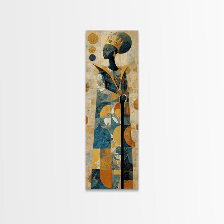 Crowned African Queen With Gold And Teal Geometry Canvas Print, Black Woman Art, Afrocentric Wall Decor, Elegant Home Gift
