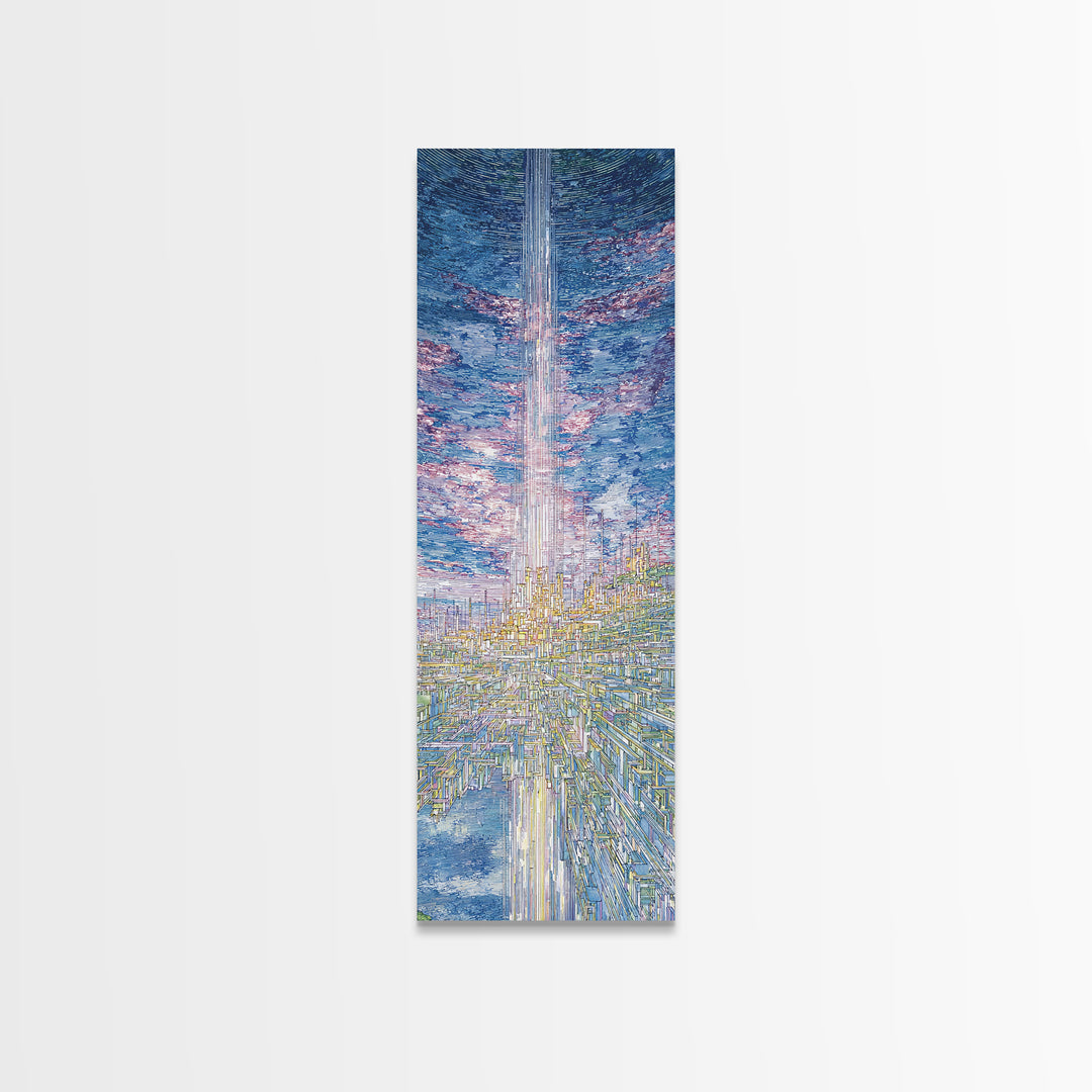 Radiant Sky Beam Utopia Framed Canvas Print, Futuristic City Wall Art, Blue Cloudscape, Dreamy Modern Home Decor, Large Decor Art