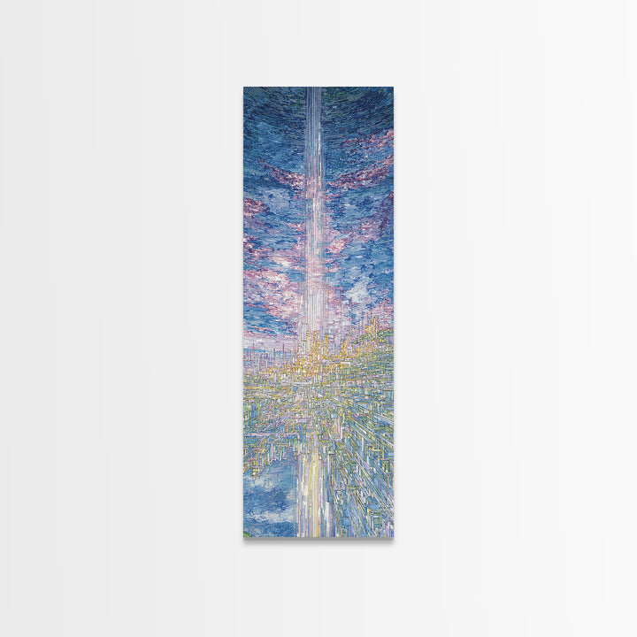 Radiant Sky Beam Utopia Framed Canvas Print, Futuristic City Wall Art, Blue Cloudscape, Dreamy Modern Home Decor, Large Decor Art