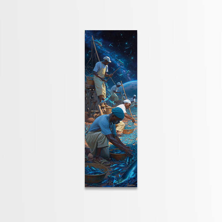 Starlit Fishermen Sorting Blue Catch Framed Canvas Print, Cosmic Seascape Wall Art, Coastal Work Scene, Unique Decor, Gift For Him