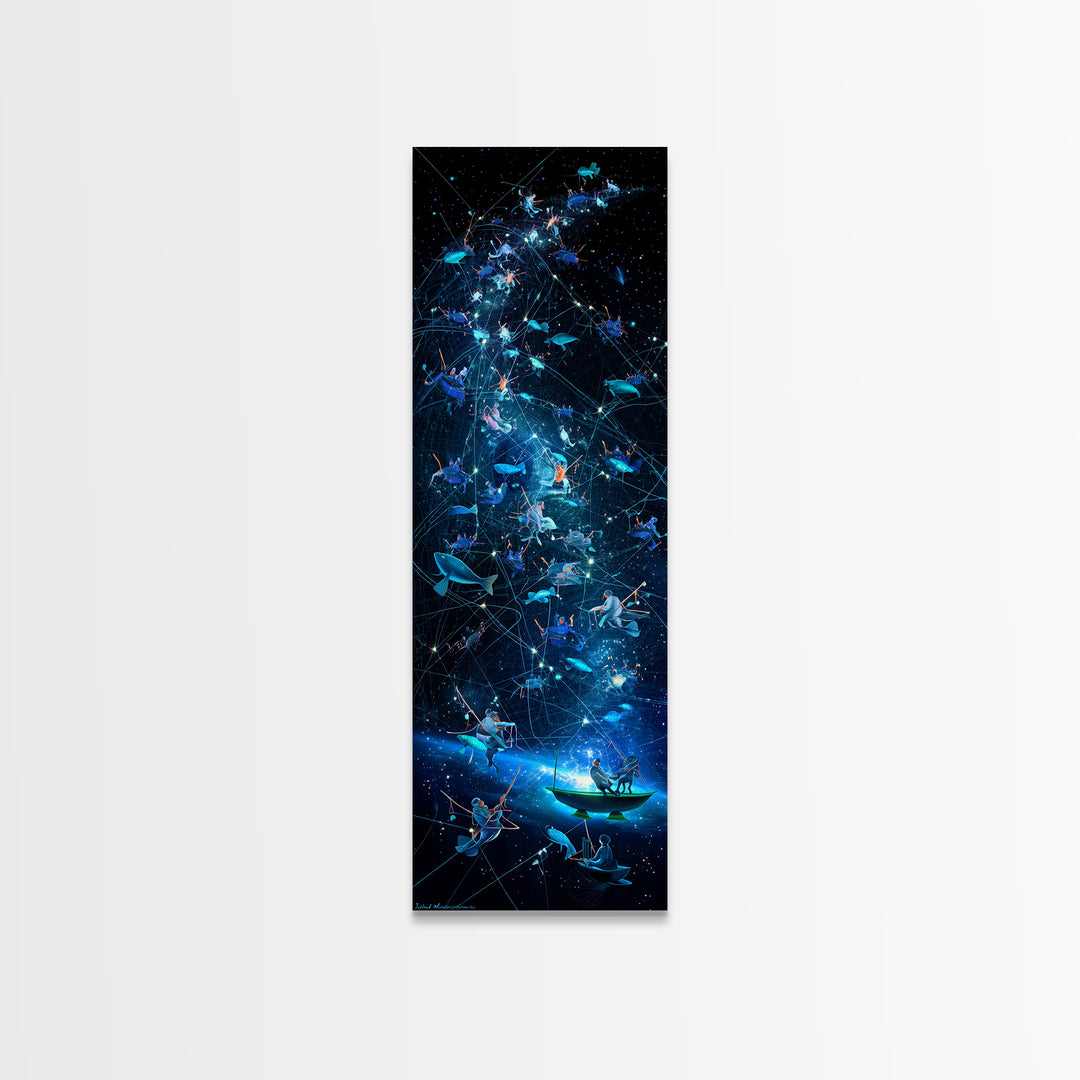 Glowing Fish Constellation Wall Art, Cosmic Ocean Canvas Print, Blue Galaxy Sea Life, Dreamy Nautical Modern Decor, Large Decor Art