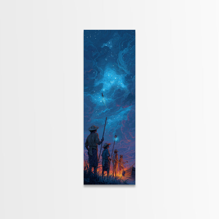 Starry Blue Storm Watchers Wall Art, Fantasy Cloudscape Canvas Print, Silhouette Adventure Decor, Mystical Night Sky, Dreamy Wall Art