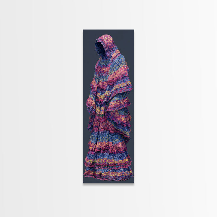 Hooded Indigo Textile Woman Canvas Print, African Woman Art, Pink Blue Patterned Robe, Feminine Boho Wall Decor Gift For Her