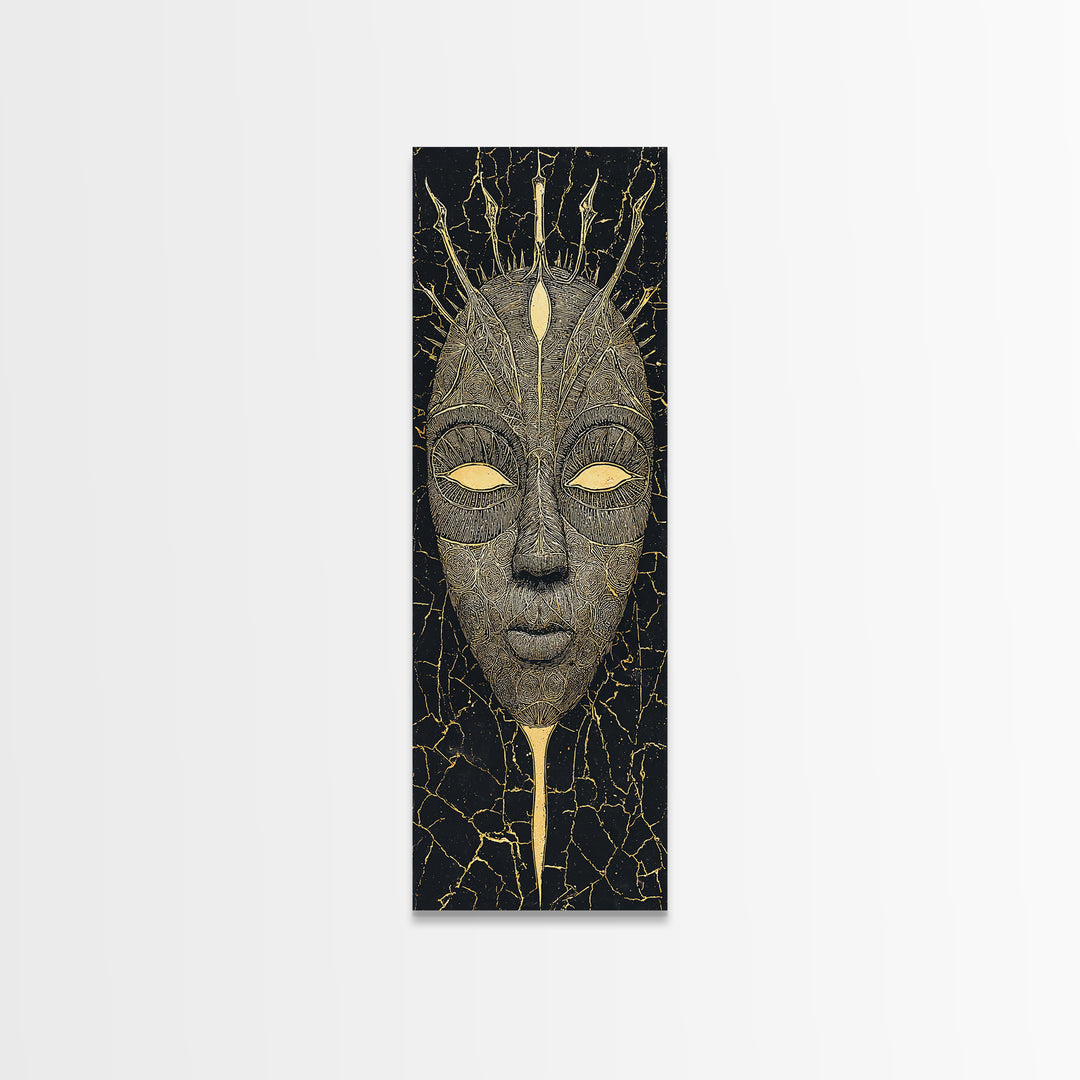 Crowned Ritual Mask Canvas Print, Golden African Tribal Art, Black Gold Face Portrait, Spiritual Wall Decor Gift For Home
