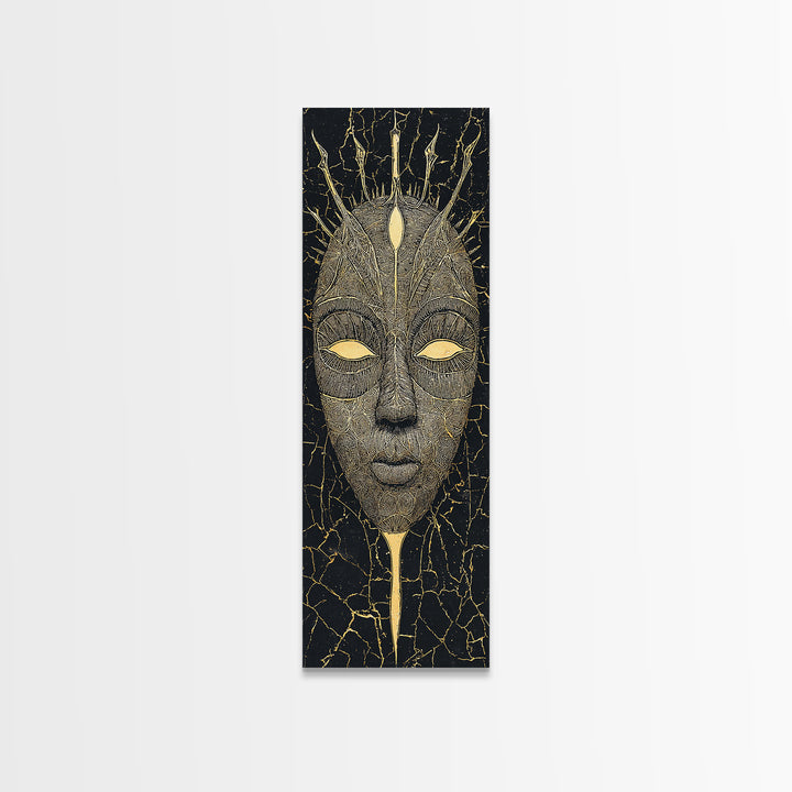 Crowned Ritual Mask Canvas Print, Golden African Tribal Art, Black Gold Face Portrait, Spiritual Wall Decor Gift For Home