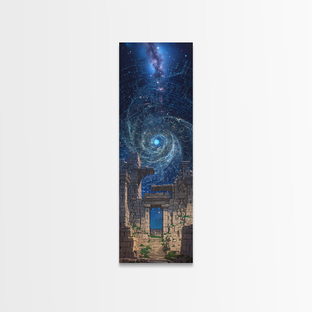 Cosmic Spiral Portal Over Ancient Ruins Canvas Print, Starry Galaxy Wall Decor, Mystical Wall Art, Blue Fantasy Gift For Her