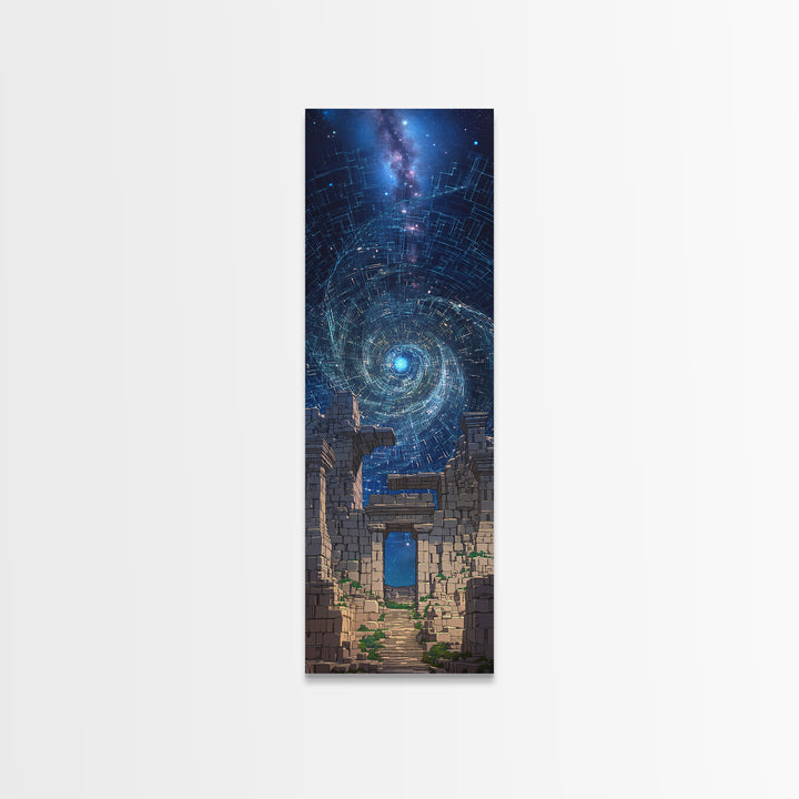 Cosmic Spiral Portal Over Ancient Ruins Canvas Print, Starry Galaxy Wall Decor, Mystical Wall Art, Blue Fantasy Gift For Her