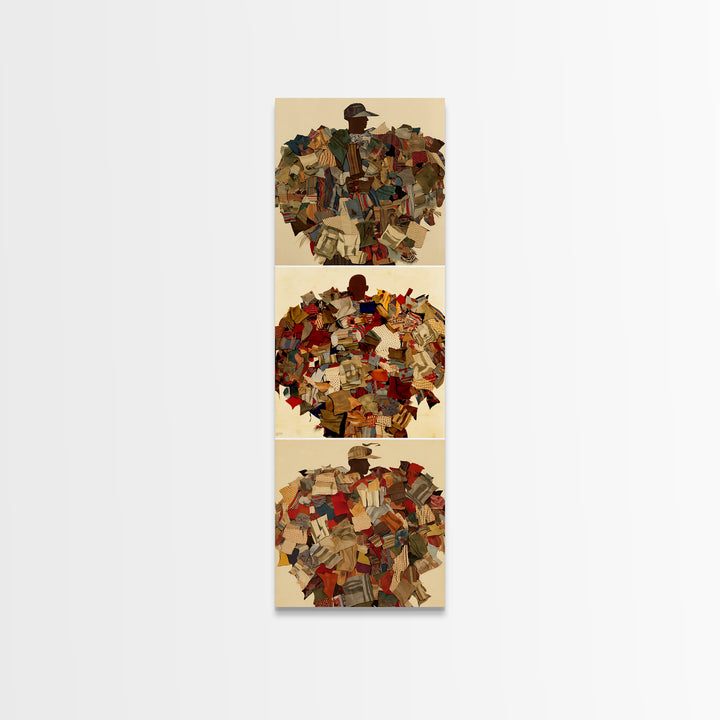 Patchwork Collage Figure Triptych Wall Art, African Fabric Abstract Portraits, Boho Textile Decor, Modern Canvas Print Gift