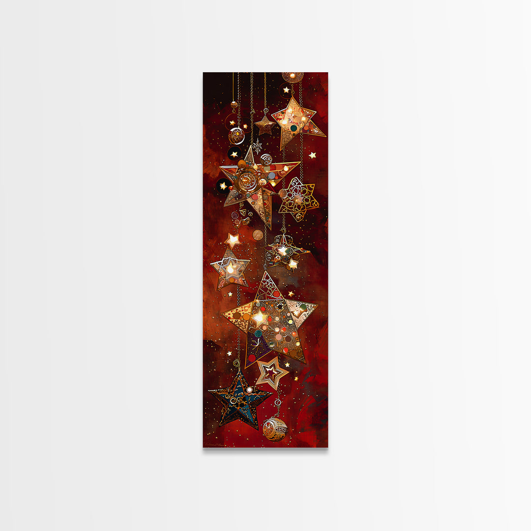 Hanging Mosaic Star Ornaments Framed Canvas Print, Red Celestial Wall Art, Holiday Decor, Bohemian Home Decor Gift For Her