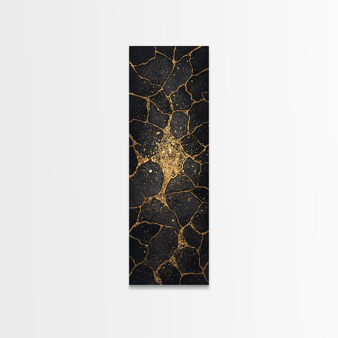 Black Gold Kintsugi Crackle Wall Art, Abstract Stone Canvas Print, Luxury Modern Home Decor, Earth Tone Art Gift For Living Room