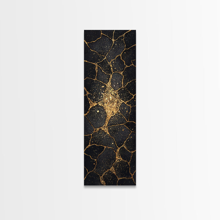 Black Gold Kintsugi Crackle Wall Art, Abstract Stone Canvas Print, Luxury Modern Home Decor, Earth Tone Art Gift For Living Room