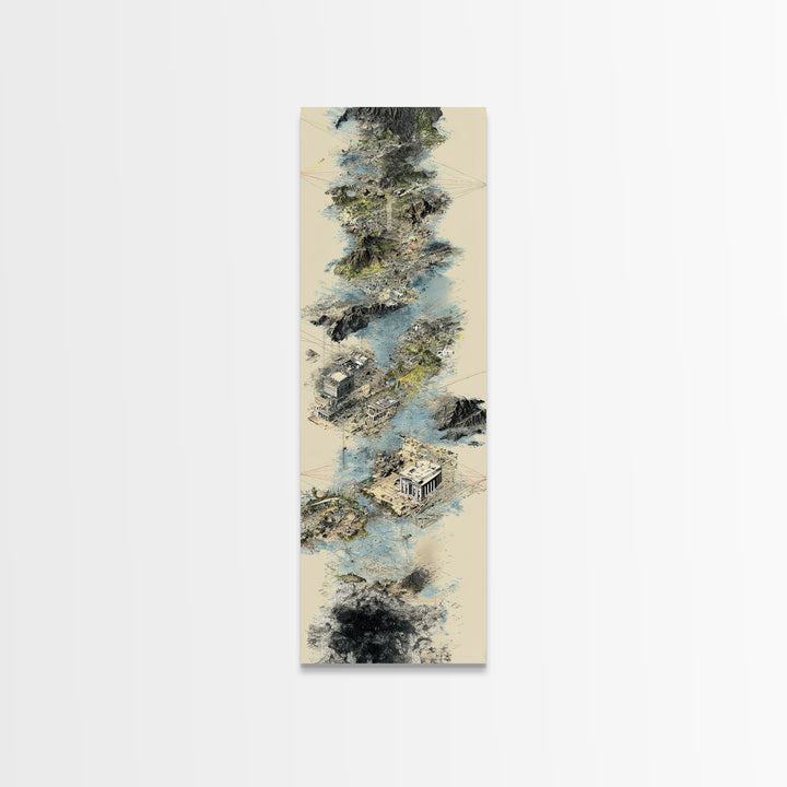 Floating Temple Ruins In Misty Clouds Framed Canvas Print, Ancient African Art Decor, Beige Abstract Landscape Wall Art Gift