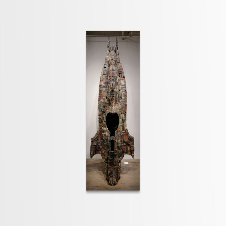Towering Mixed Media Rocket Sculpture Wall Art, African Inspired Gallery Decor, Statement Canvas Print, Unique Home Decor Gift