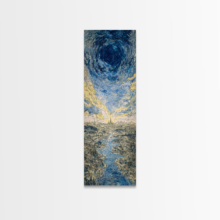 Blue Vortex Sky Above River Valley Wall Art, Abstract Landscape Canvas Print, Modern Nature Scene Art, Dreamy Home Decor
