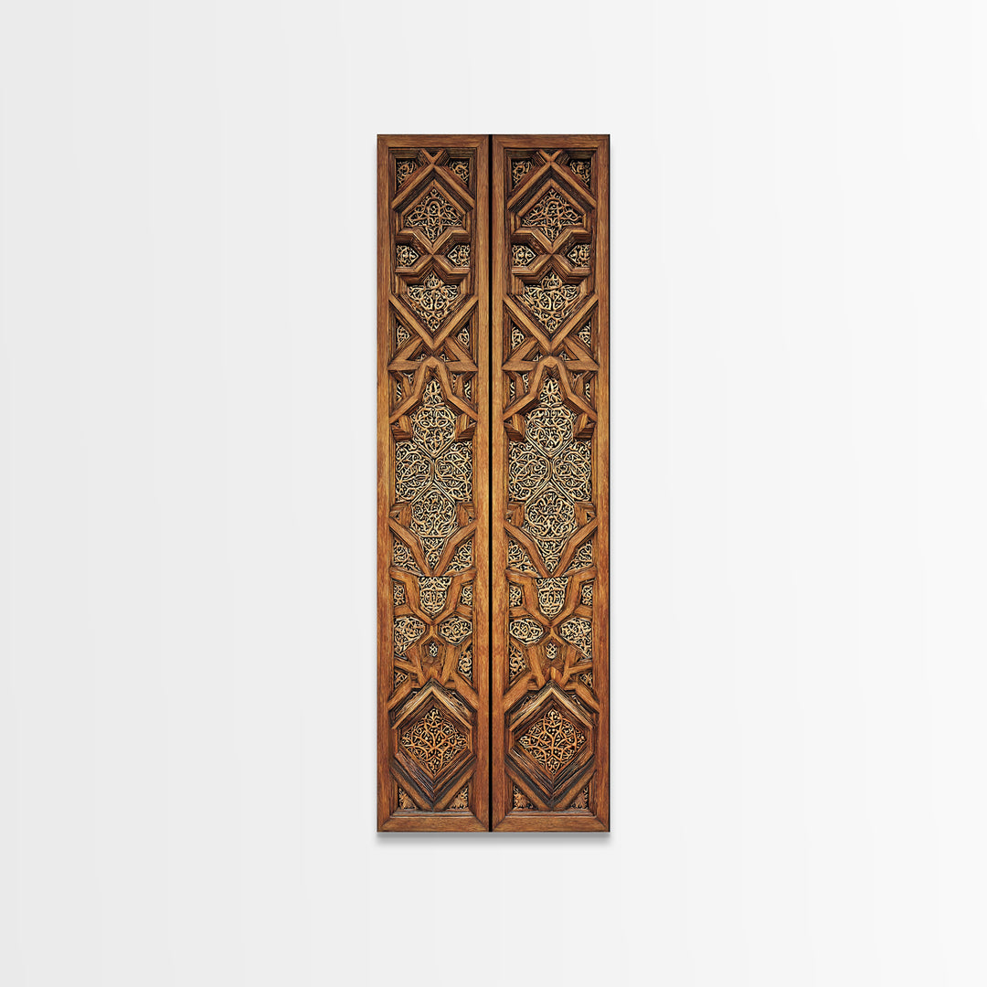 Wood And Gold African Lattice Door Panels Framed Canvas Print, Tribal Wall Decor, African Patterns, Rustic Decor, Statement Piece