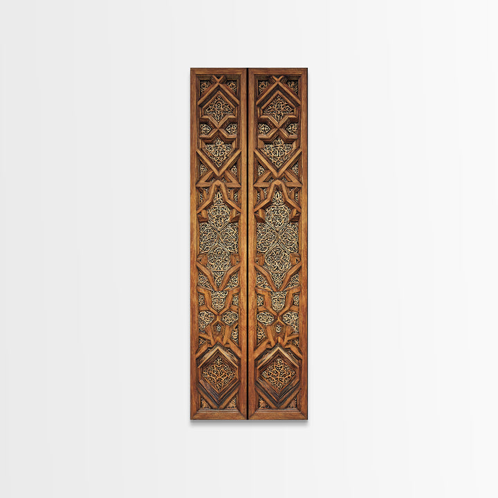 Wood And Gold African Lattice Door Panels Framed Canvas Print, Tribal Wall Decor, African Patterns, Rustic Decor, Statement Piece