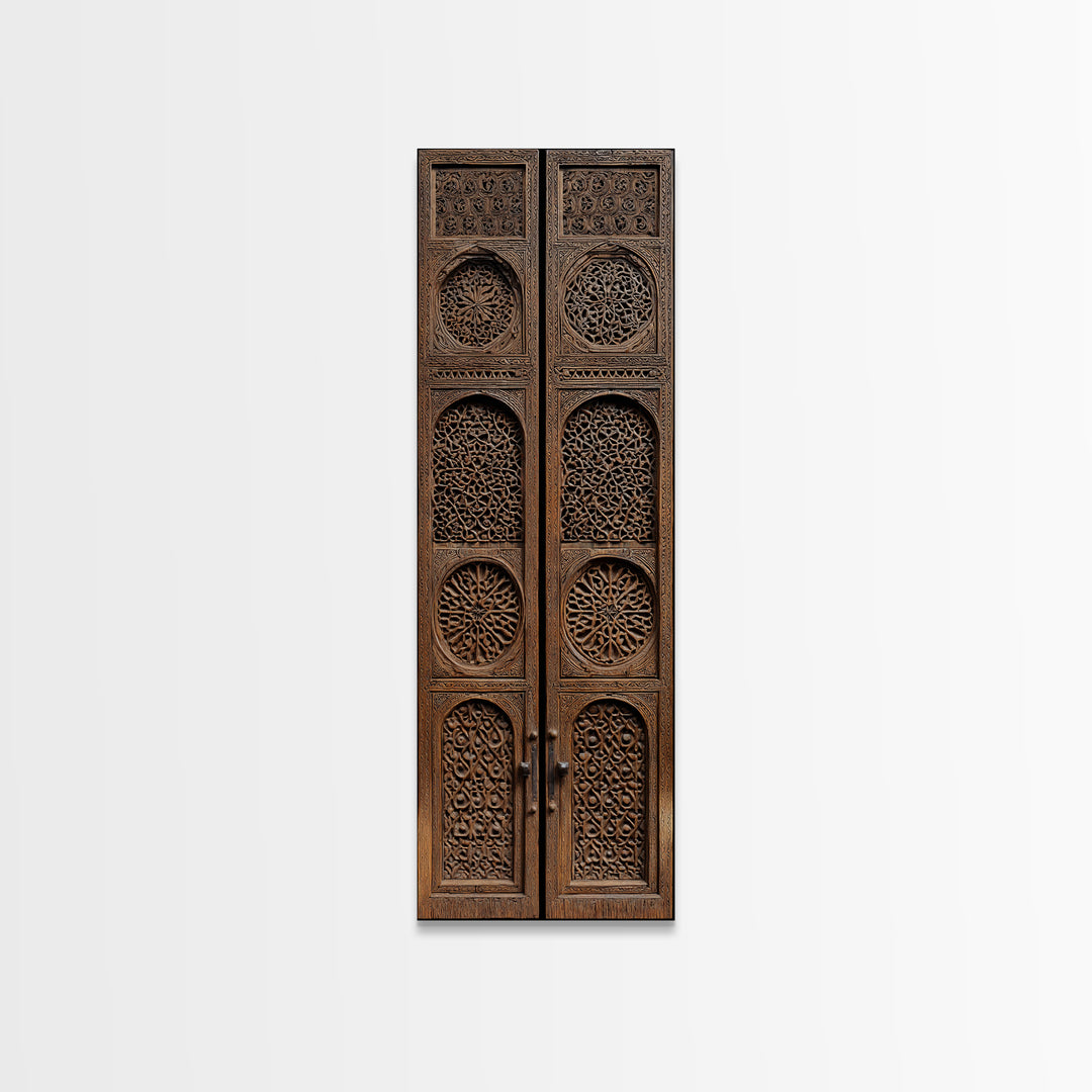 Intricate Antique Wooden Door Canvas Print, Moroccan African Wall Art, Tribal Pattern Decor, Bohemian Home Decor Statement