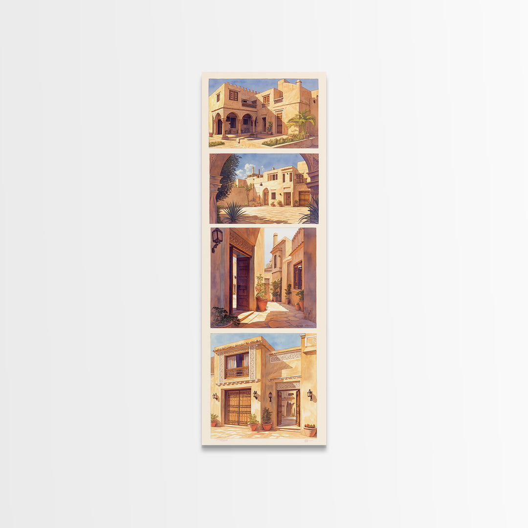 Desert Courtyard Architecture Wall Art, Morocco Travel Poster, African Inspired Decor, Sunlit Villa Canvas Print, Gift For Her