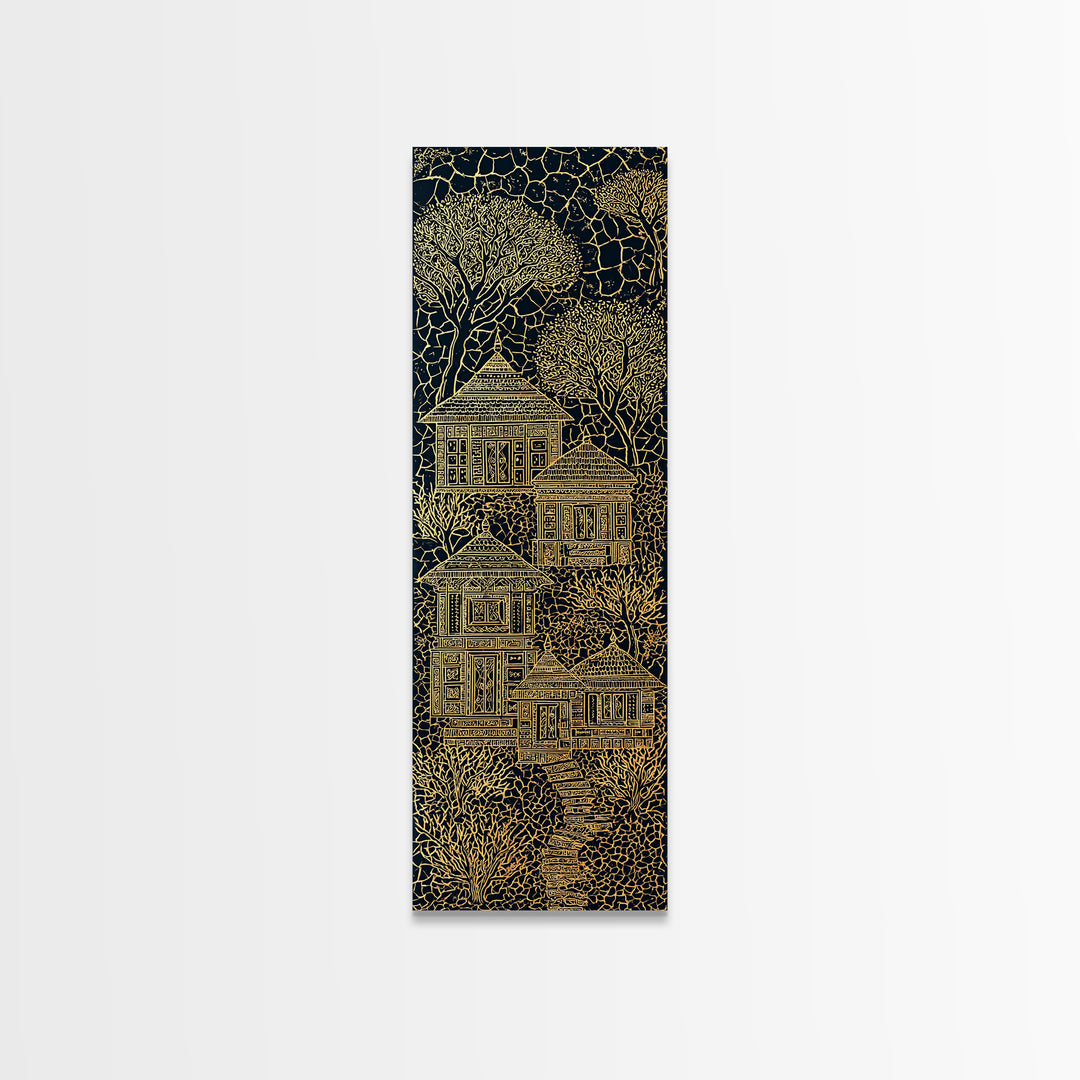 Golden Line Art Village House Canvas Print, African Inspired Black And Gold Wall Art, Boho Tribal Decor, Unique Home Decor