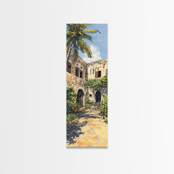 Tropical Ruin Courtyard Wall Art, Zanzibar Palm Architecture Canvas Print, African Travel Decor, Botanical Home Decor Gift