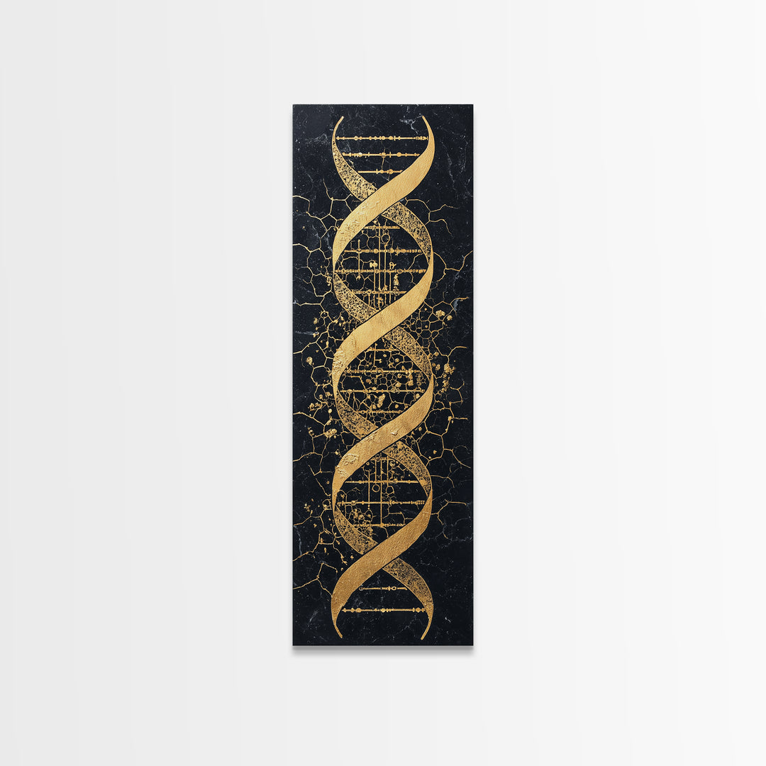 Gold DNA Helix On Black Cracked Background Canvas Print, Science Wall Art, Black And Gold Art, Modern Office Decor Gift For Him