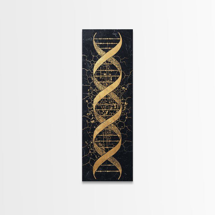 Gold DNA Helix On Black Cracked Background Canvas Print, Science Wall Art, Black And Gold Art, Modern Office Decor Gift For Him