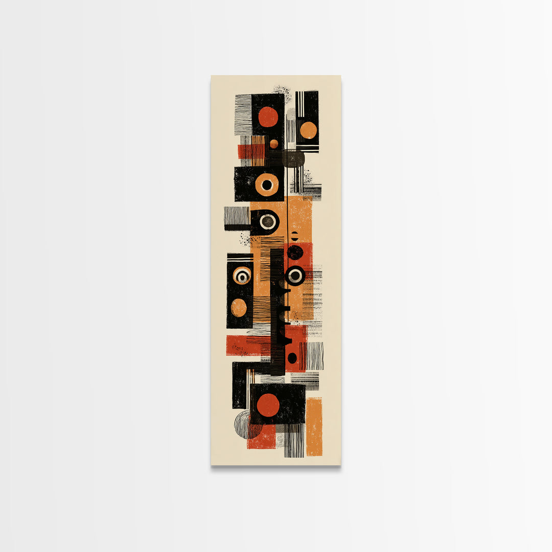 Orange Black Mid Century Geometric Blocks Canvas Print, Abstract African Inspired Wall Decor, Modern Minimalist Office Art