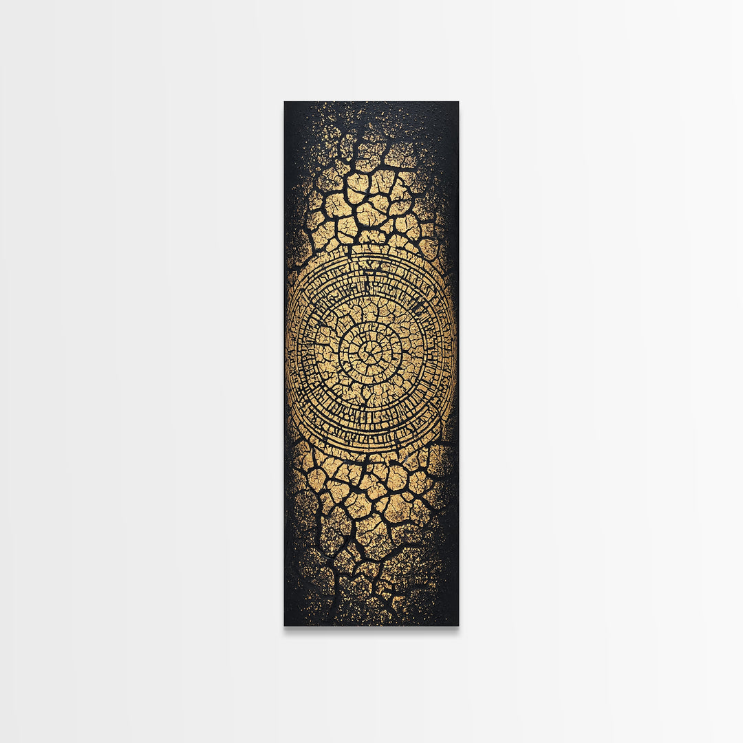 Gold Spiral On Black Cracked Texture Wall Art, African Inspired Abstract Canvas Print, Luxe Tribal Modern Home Decor Gift