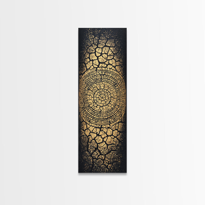 Gold Spiral On Black Cracked Texture Wall Art, African Inspired Abstract Canvas Print, Luxe Tribal Modern Home Decor Gift