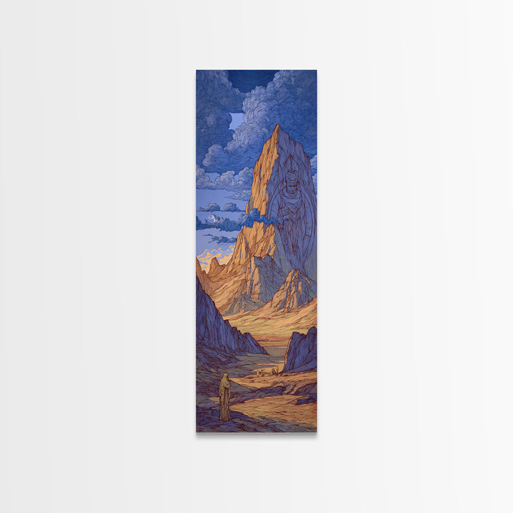 Blue Desert Mountain Monolith And Lone Figure Wall Art, Mystical Landscape Canvas Print, Dreamy Southwest Fantasy Decor Gift