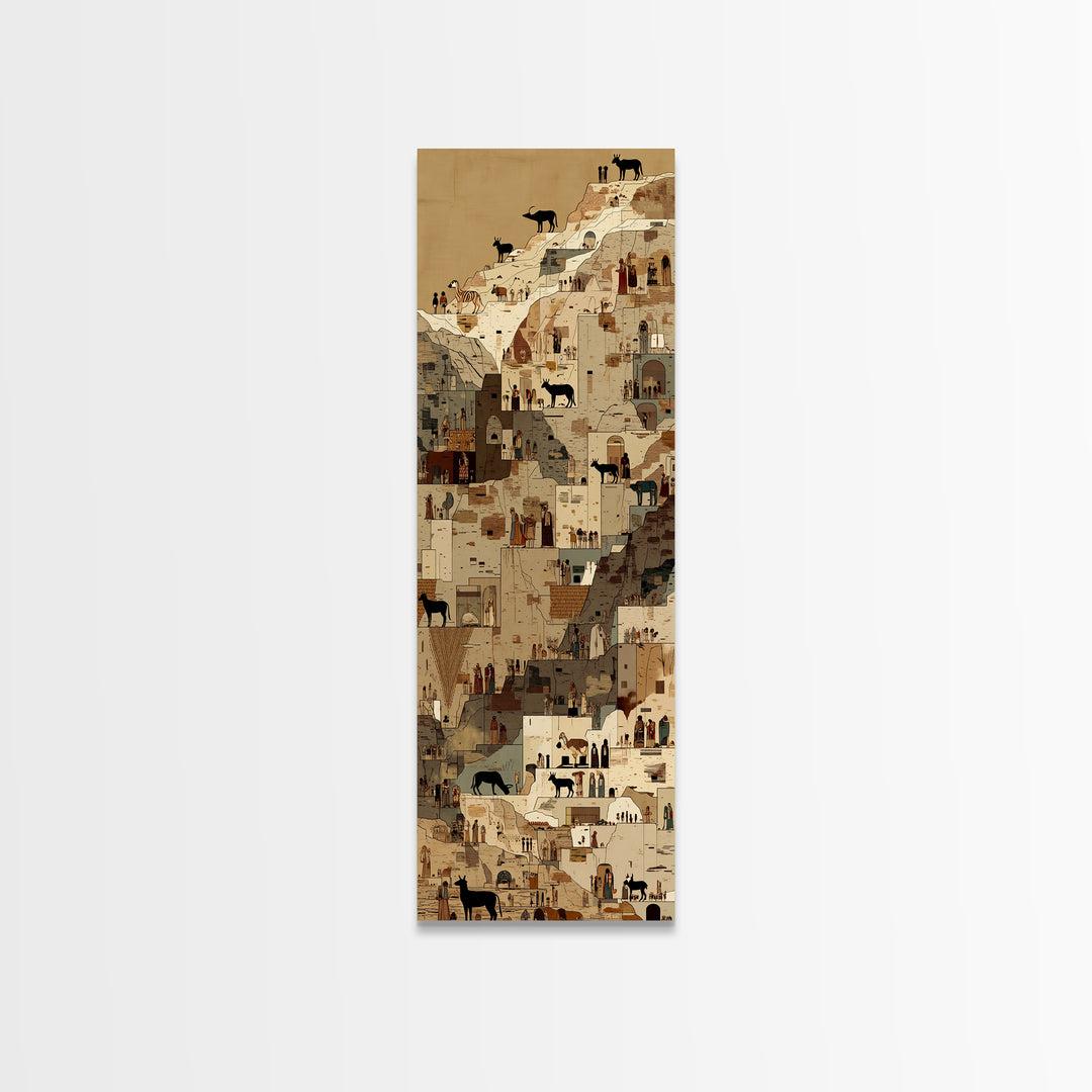 Cliffside Desert Village With Goats And Tiny Figures Canvas Print, North African Wall Art, Cultural Travel Home Decor Gift