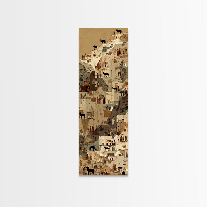 Cliffside Desert Village With Goats And Tiny Figures Canvas Print, North African Wall Art, Cultural Travel Home Decor Gift