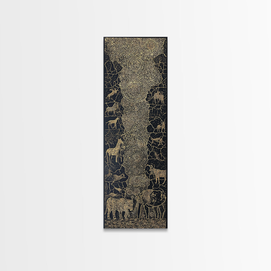 Golden African Safari Animals Wall Art, Elephant Giraffe Lion Map, Black Gold Tribal Decor, Luxury Canvas Print For Living Room