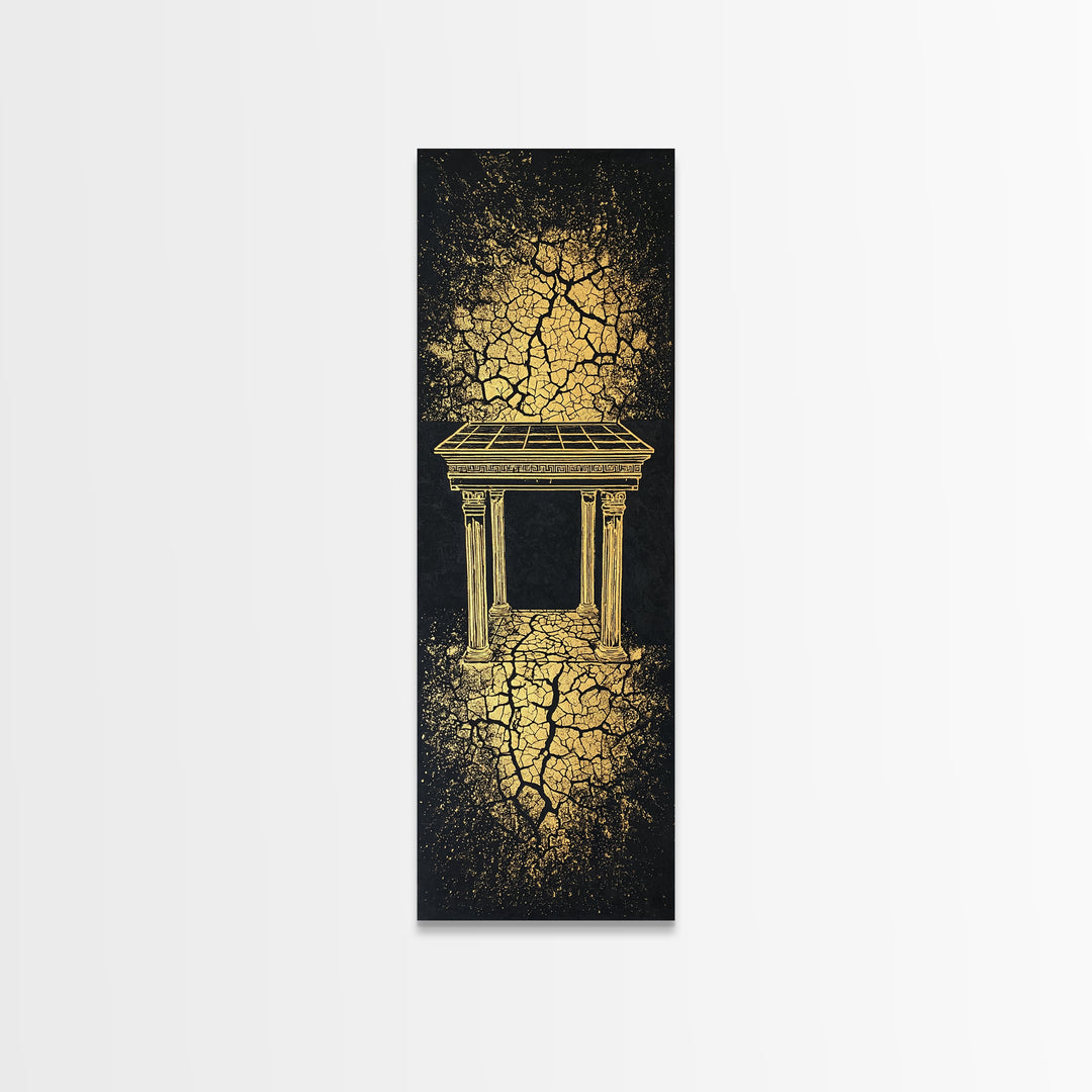 Golden Temple Portal Wall Art, Cracked Black Abstract African Inspired Decor, Ancient Ruins Canvas Print For Elegant Home