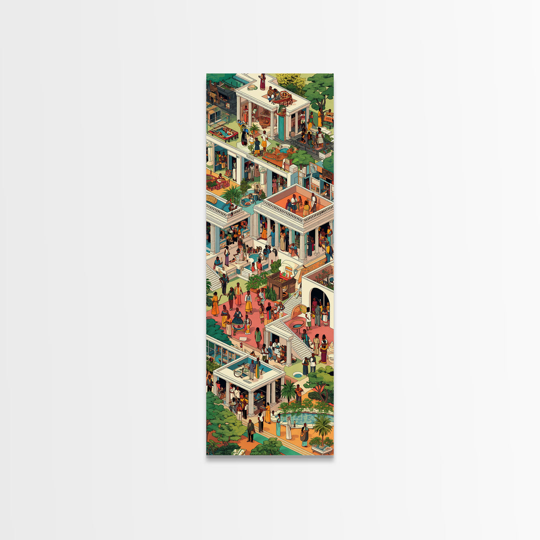 Lush African Courtyard Villa Canvas Print, Isometric Garden Party Wall Decor, Elegant Home Art, Modern Cultural Gift For Her