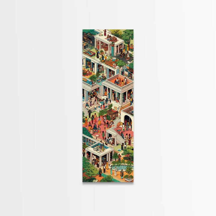 Lush African Courtyard Villa Canvas Print, Isometric Garden Party Wall Decor, Elegant Home Art, Modern Cultural Gift For Her