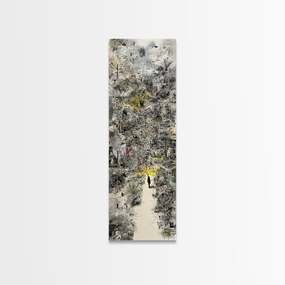 Dreamy Abstract City Ruins Wall Art, Gray Yellow Urban Landscape, Contemporary Canvas Print, Statement Office Decor Gift