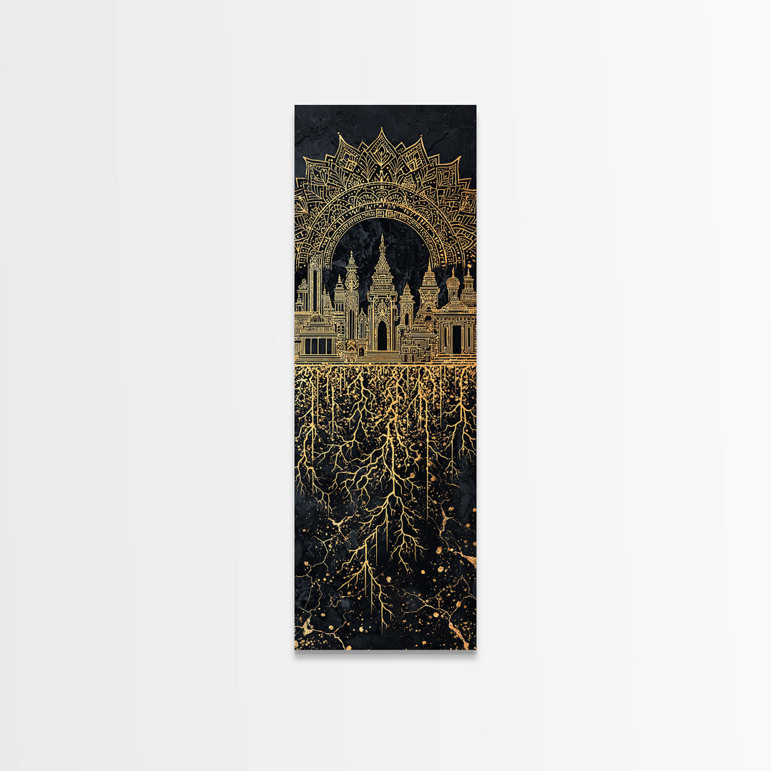 Gold Islamic Arch And Rooted Palace Framed Canvas Print, Black Spiritual Wall Art, Ornate Cultural Decor, Luxury Gift For Home
