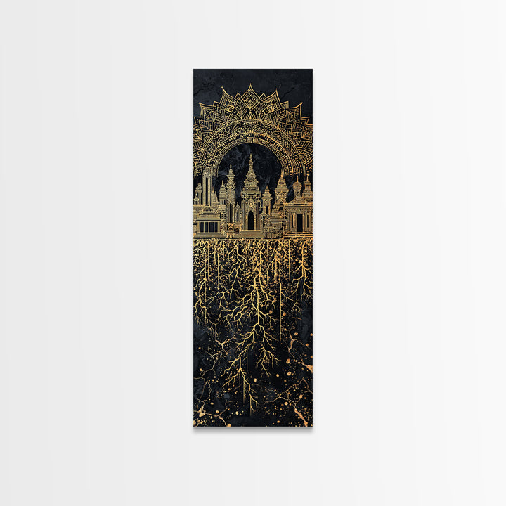 Gold Islamic Arch And Rooted Palace Framed Canvas Print, Black Spiritual Wall Art, Ornate Cultural Decor, Luxury Gift For Home
